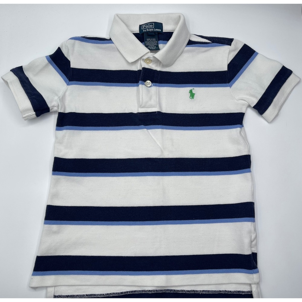Polo Ralph Lauren Kids Boys Size 5 Striped Polo Shirt White Blue Short‎ Sleeve